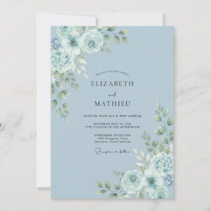 Invitación Boda floral atmosférica azul polvoriento