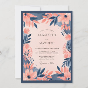 Invitación Boda floral atrevida de azul marino y melocotón