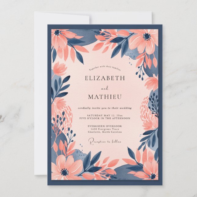 Invitación Boda floral atrevida de azul marino y melocotón (Anverso)