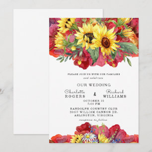 Invitación Boda floral atrevida en amarillo toscano y rojo vi