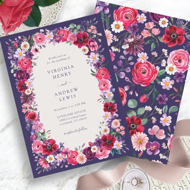 Invitación Boda floral audaz (Navy Blue Bold Watercolor Floral Wedding Invitation by Painted Paperie
)