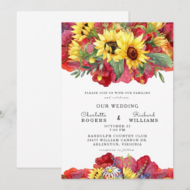 Invitación Boda floral audaz rojo intenso y amarillo toscano (Anverso / Reverso)