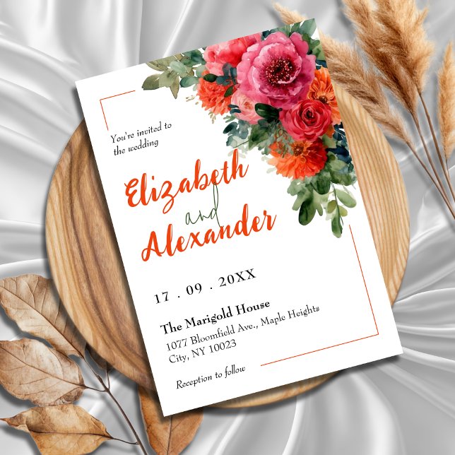 Invitación Boda floral audaz rosa y Naranja (Subido por el creador)