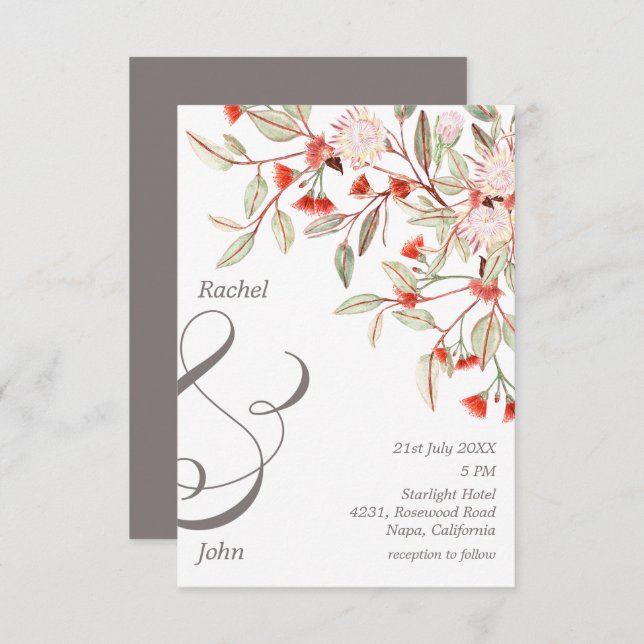 Invitación Boda floral australiano monogramado gris y Rubor (Anverso / Reverso)
