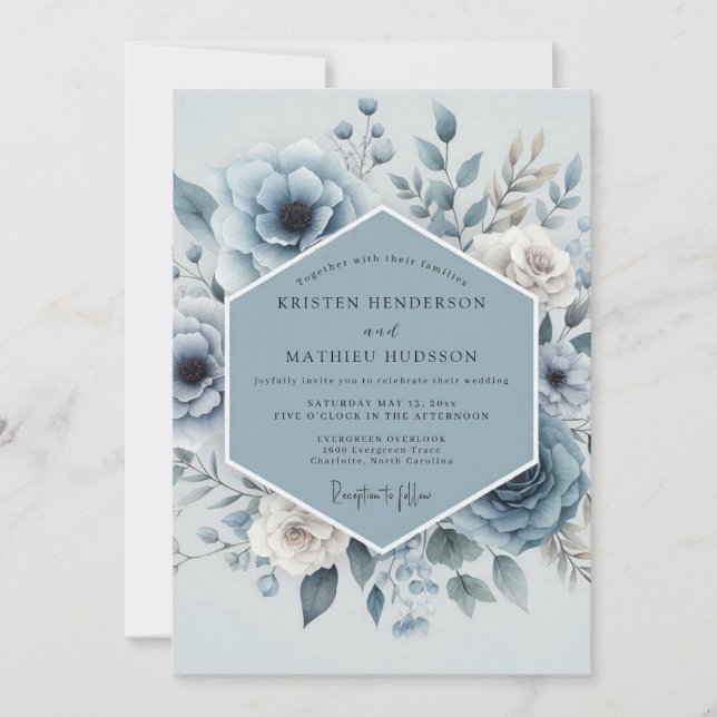 Invitación Boda Floral Azul (Anverso)