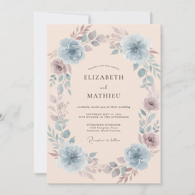 Invitación Boda Floral Azul (Anverso)