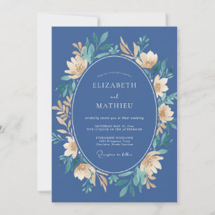 Invitación Boda Floral Azul Acero Dorado Pálido