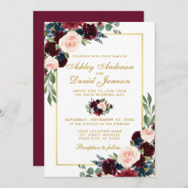 Invitación Boda floral azul acuático borgoña dorada
