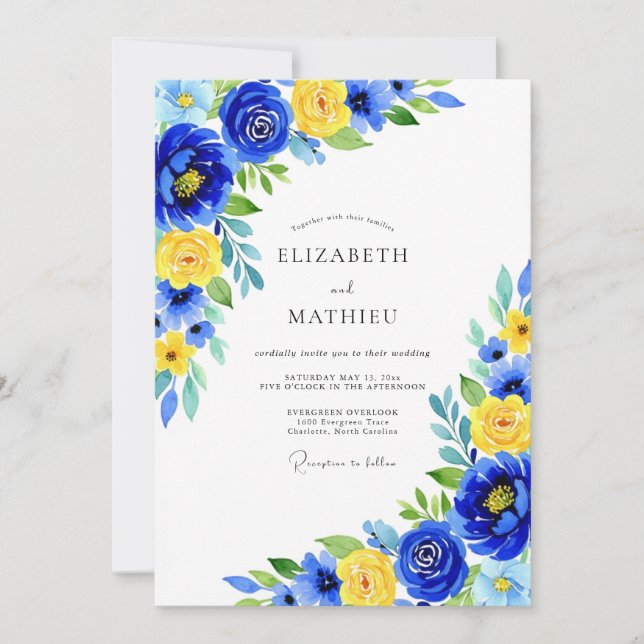 Invitación Boda floral azul amarillo (Anverso)