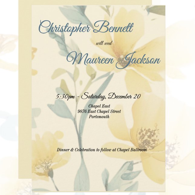 Invitación Boda floral azul amarillo blanda amarillo de mante (Subido por el creador)