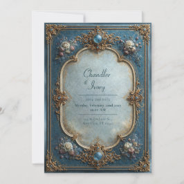 Invitación Boda Floral Azul Antiguo