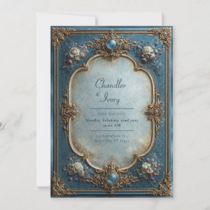 Invitación Boda Floral Azul Antiguo