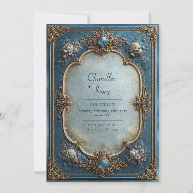 Invitación Boda Floral Azul Antiguo (Anverso)