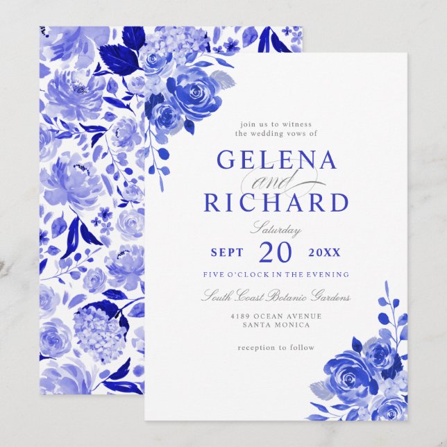 Invitación Boda floral azul azul azul real y azul blanco (Anverso / Reverso)