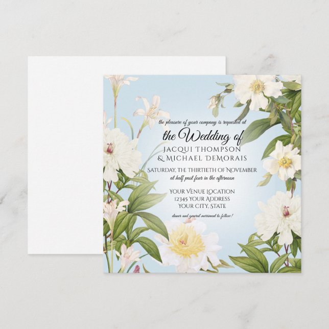 Invitación Boda Floral Azul Azul del cielo azul de la peonía  (Anverso / Reverso)