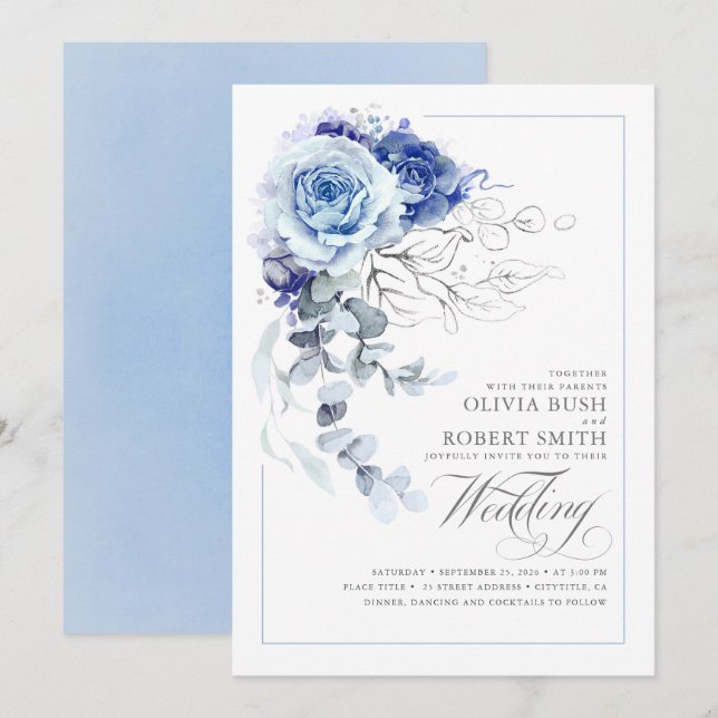 Invitación Boda floral azul azul dulce y azul marino (Anverso / Reverso)