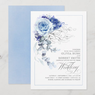 Invitación Boda floral azul azul dulce y azul marino