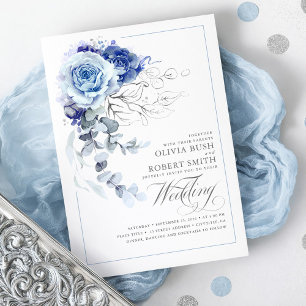 Invitación Boda floral azul azul dulce y azul marino