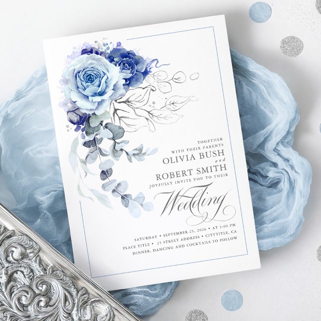 Invitación Boda floral azul azul dulce y azul marino (Dusty Blue and Silver Botanical Floral Chic Wedding Invitation)