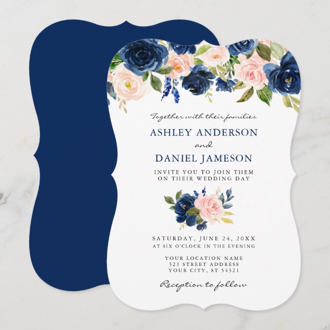 Invitación Boda floral azul azul rosa azul (Anverso / Reverso)