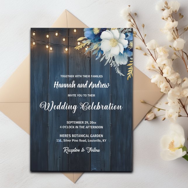 Invitación Boda floral azul azul rubio de madera azul blanco (Subido por el creador)