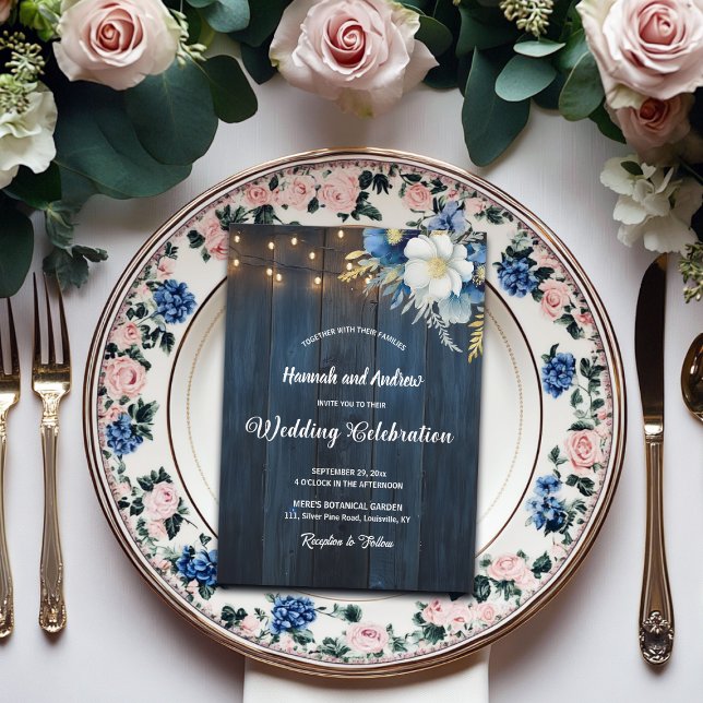 Invitación Boda floral azul azul rubio de madera azul blanco (Subido por el creador)
