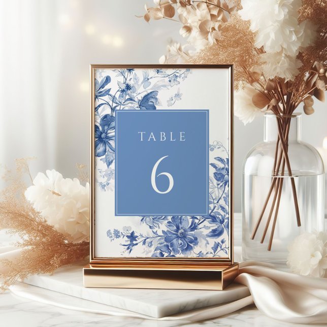 Invitación Boda Floral Azul Azul Toile Rótulo Número de tabla (Subido por el creador)