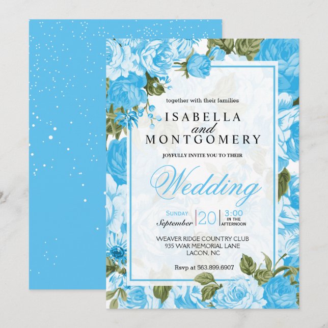 Invitación Boda Floral Azul Bebé Clásico (Anverso / Reverso)