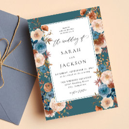 Invitación Boda floral azul beige y agitado S2 - Verde azulad