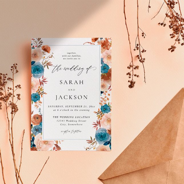 Invitación Boda floral azul beige y agitado S2 - w azul LN (Subido por el creador)