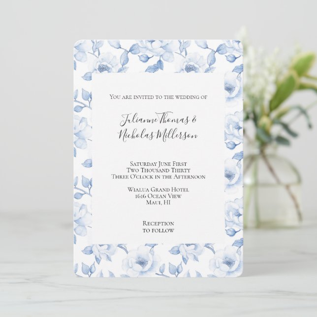 Invitación Boda floral azul blanco moda (Anverso de pie)