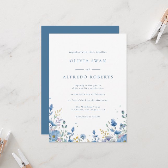 Invitación Boda floral azul blanco moderno (Anverso/Reverso In Situ)
