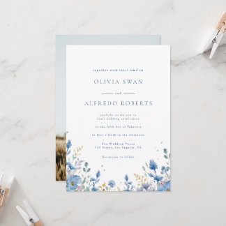 Invitación Boda floral azul blanco moderno con foto