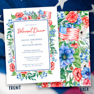 Invitación Boda Floral Azul Blanco Rojo Ensayo Cena