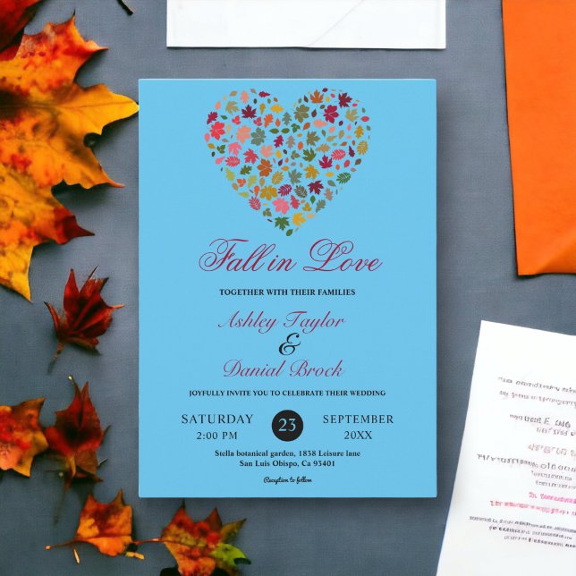 Invitación Boda Floral Azul Boho Corazón Hojas de Otoño Elega (Subido por el creador)