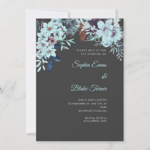 Invitación Boda Floral Azul Boho Gris Sombra de Invierno