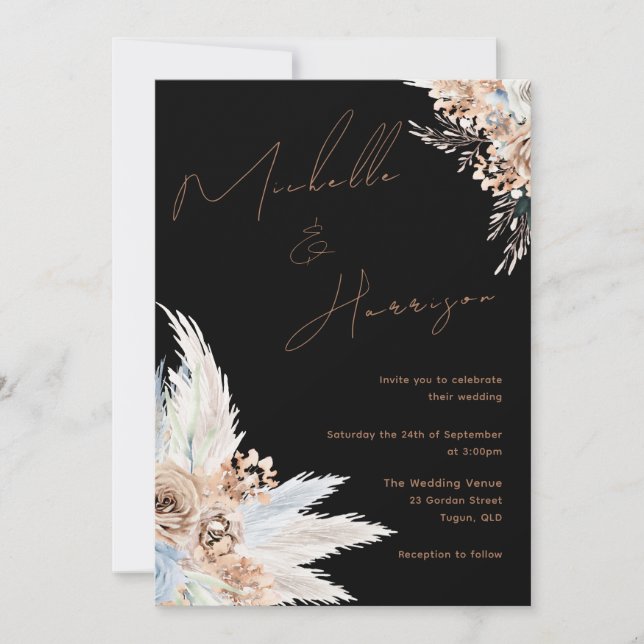 Invitación Boda floral azul Boho moderno (Anverso)