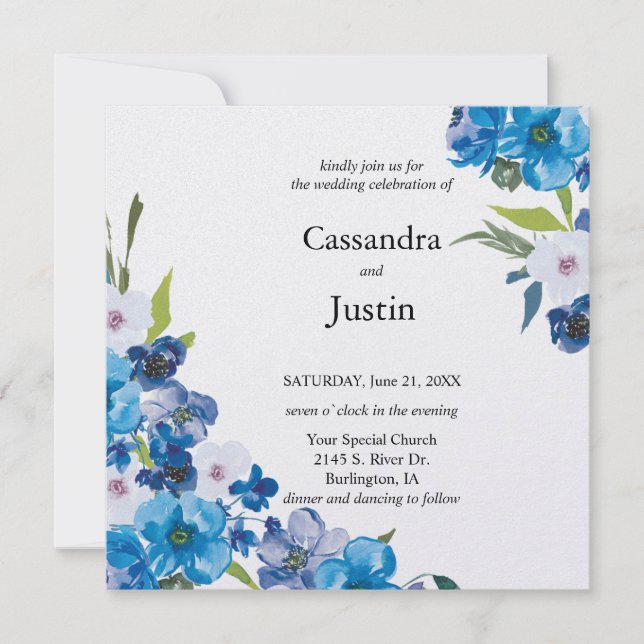 Invitación Boda floral azul bonito (Anverso)