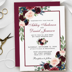 Invitación Boda floral azul borgoña de color de agua B