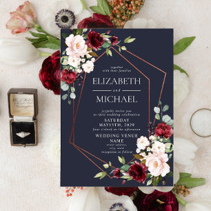 Invitación Boda Floral Azul Borgoña Geométrica de Cobre