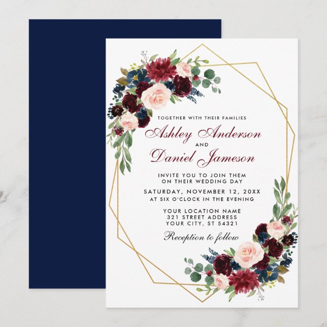Invitación Boda floral azul borgoña geométrica de oro B (Anverso / Reverso)