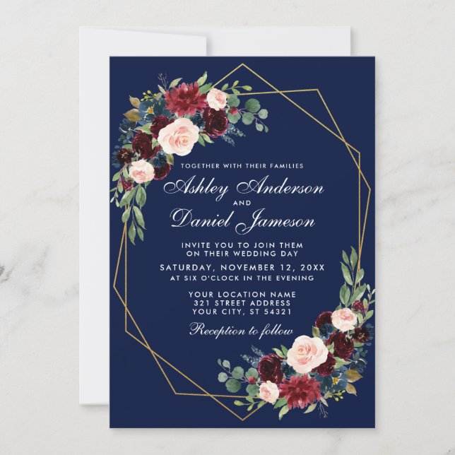 Invitación Boda Floral Azul Borgoña Marco geométrico de oro (Anverso)