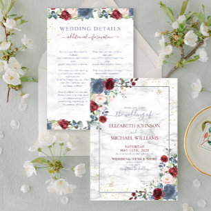 Invitación Boda Floral Azul Borgoña Rubor Dorado Detalles