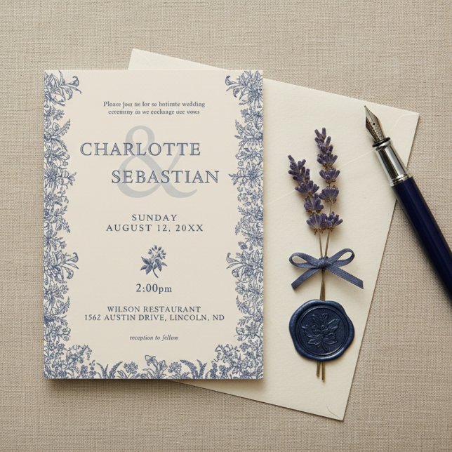 Invitación Boda floral azul botánica elegante (Subido por el creador)