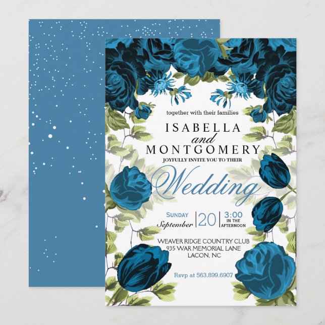 Invitación Boda Floral Azul Botánico (Anverso / Reverso)