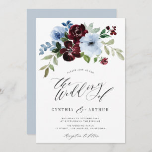 Invitación boda floral azul burdeos y polvoriento