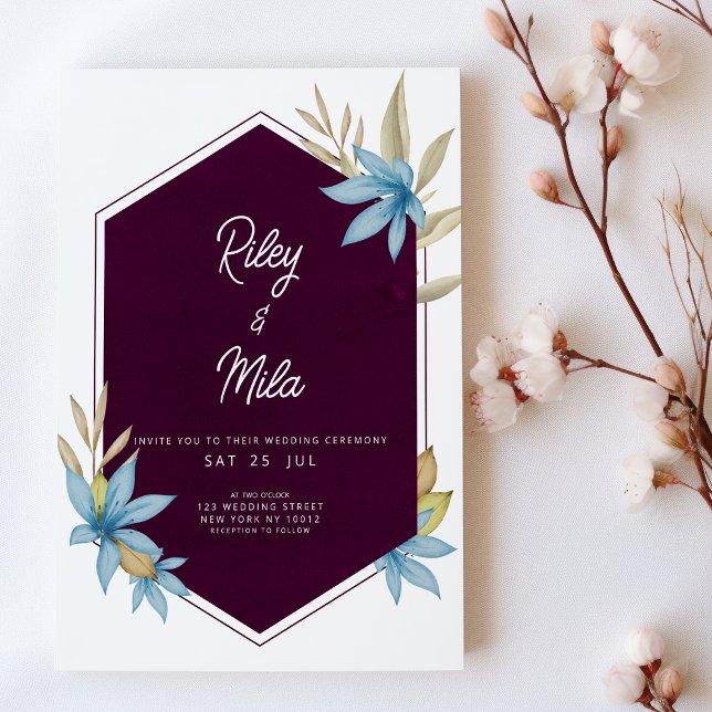 Invitación Boda floral azul burgundy geométrico (Geometric burgundy brown blue floral Wedding )