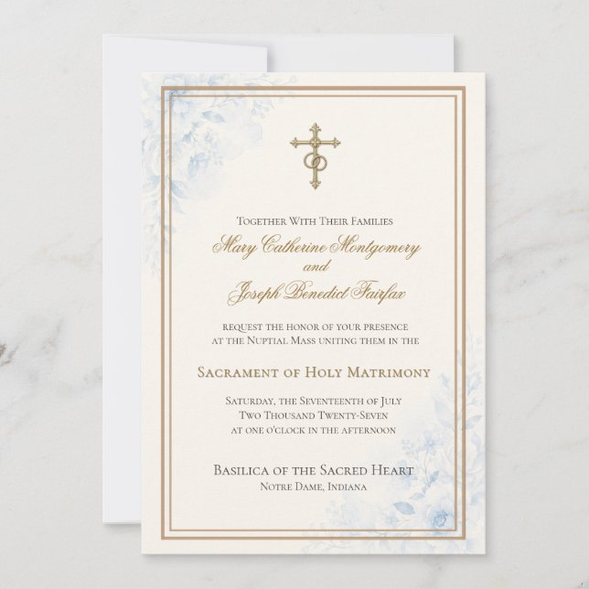 Invitación Boda floral azul católico (Anverso)