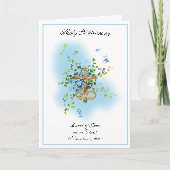 Invitación Boda floral azul católico tradicional (Anverso)