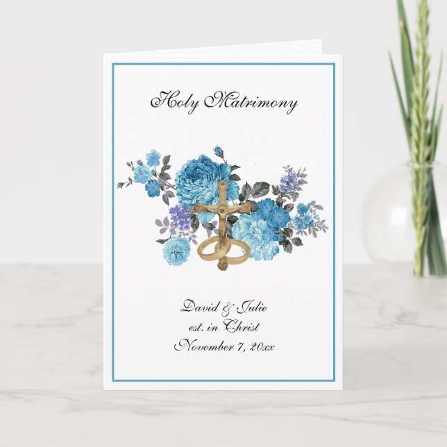 Invitación Boda floral azul católico tradicional (Anverso)
